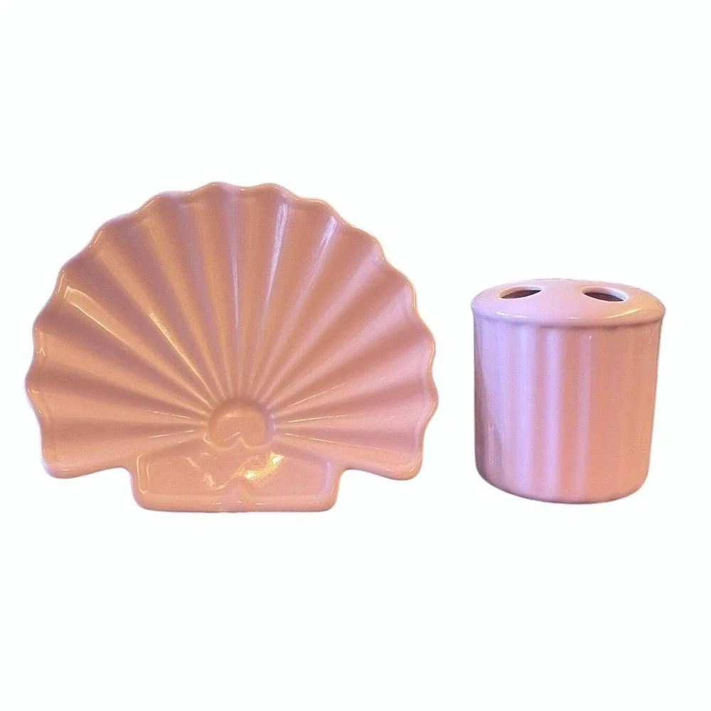 Vtg Toothbrush Holder Shell Soap Dish Trinket Cottage‎ Beach Pink MCM Victorian